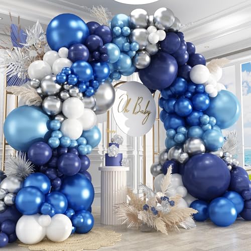 Image of 412Pcs Blue Balloon Arch Kit,5 10 12 18 inch Blue Balloon Garland with Metallic Dark Blue Silver Balloons for Baby Shower Graduation Birthday Wedding Party Decorations