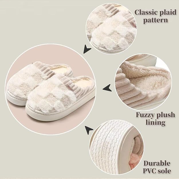 Checkered Slippers, Men & Women's Funny, Fluffy House & Outdoor Shoes, Memory Foam, Warm, Plush Bedroom Slippers for Winter3