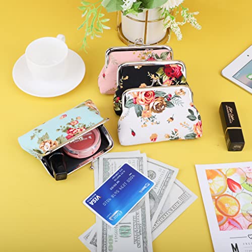 Image of Oyachic 4 Packs Coin Pouch Canvas Card Purse Clasp Closure Rose Pattern Wallet Christmas Birthday Gift 4.7 inchL X 3.5 inch H inch (4 pack Rose)