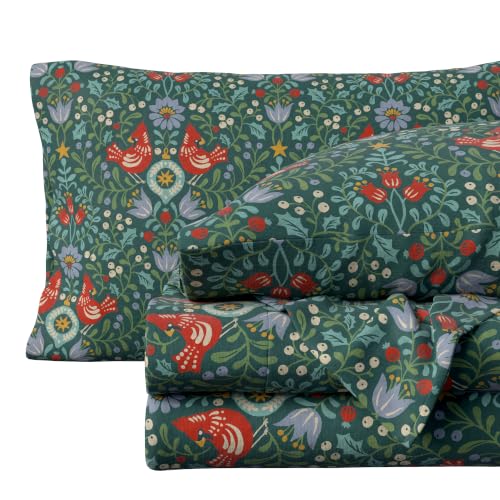 Image of Great Bay Home Christmas Flannel Sheet Set Queen Size - 100% Turkish Cotton, Double-Brushed, Winter Bed Sheets - Ultra-Soft, Cozy, 4-Piece Holiday Bedding Set (Cardinal Garden)