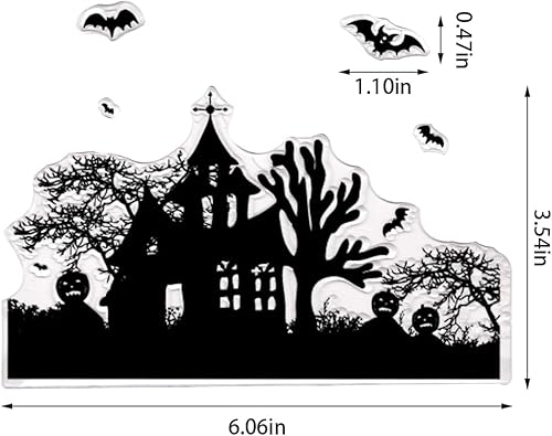 Miniatura 2 de Sellos transparentes de fondo de Halloween para hacer tarjetas y diario, árboles muertos, calabazas, sellos de goma, cementerio, brujas, palabras,
