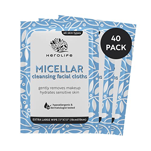 HEROLIFE Single-Use Micellar Cleansing Facial Cloths, Plant-Based, 1 pack of 40 Pre-moistened Single-use Cloths, Large size 7.1” x 7.5” Biodegradable Wipes formulated with Plant-derived ingredients (40 individually Wrapped Wipes Total)