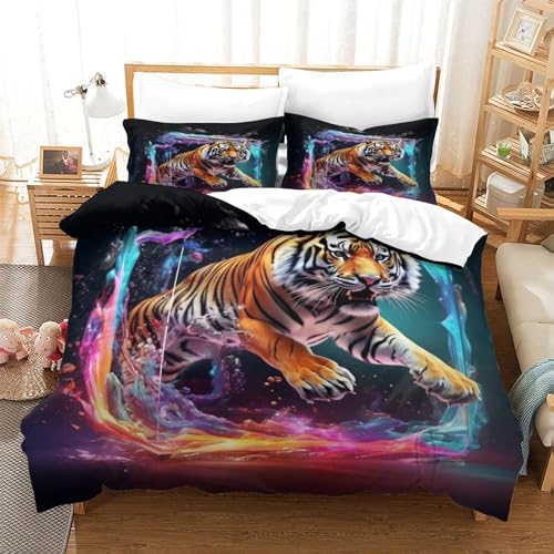 Housse de couette tigre imprimé 3D parure de lit microfibre 3 pièces double 200x200