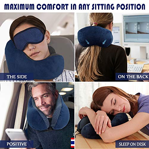 Travel Pillow - Memory Foam Neck Pillow with 360 Head & Neck Support Comfortable for Long Flight, Airplane, Train, Reading, Working, Ergonomically (Blue)