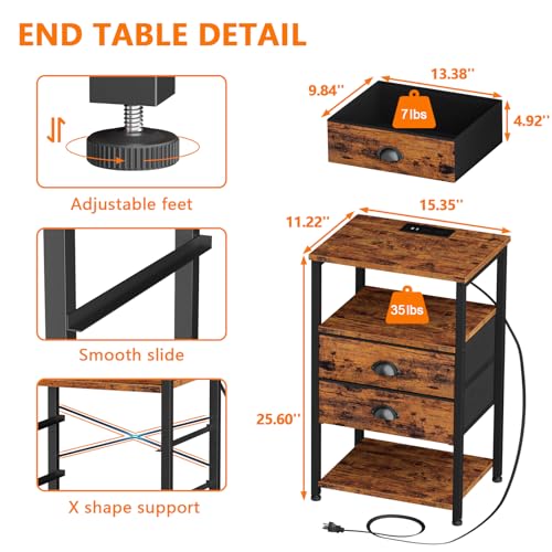 Furologee 61" Desk and Nightstand with Charging Station and LED Light, Reversible Computer Desk with File Cabinet, End Table with 2 Drawers, for Home/Office