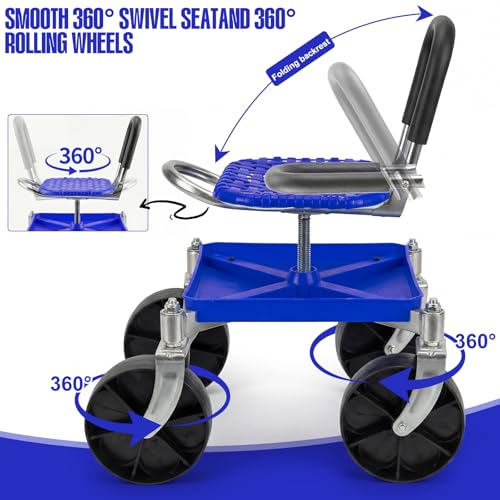 Garten Rollhocker mit 360° Drehbarem Sitz & 360° Schwenkrollen – 150 kg Tragkraft, Höhenverstellbar (51–61 cm) – Gartensitz mit Handschuhen für Jäten, Pflanzen, Auto-Detailing & Garagenarbeiten