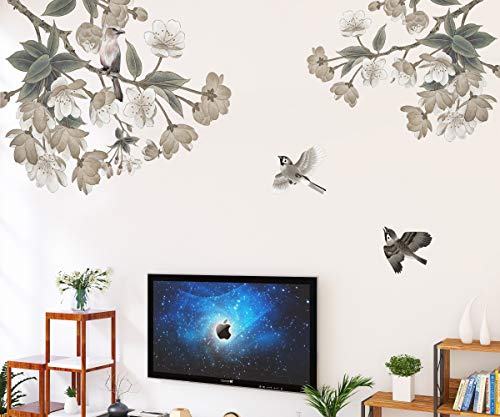 DERUN TRADING Grey Flowers Tree Floral Peel and Stick Wall Stickers Decals Art Decor for Living Room Nursery Room Bedroom Office Bathroom Vinyl Removable Wall Decoration Romantic Beautiful Lovely