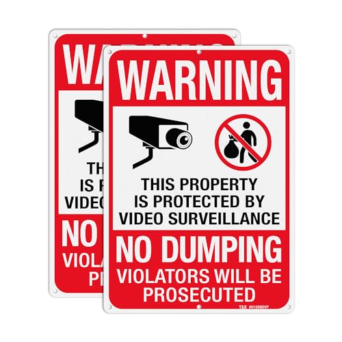 T&R Large No Dumping Sign Property Protected By Video Surveillance Sign 14 x 10 Rust Free .040 Aluminum Reflective Weather Resistant Waterproof Fade Resistant 6 Pre-drilled Holes - 2 Pack