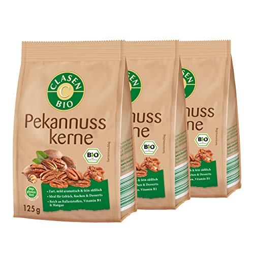 3x CLASEN BIO Pekannusskerne, natur, nicht blanchiert, von Natur aus vegan und glutenfrei, biologischer Anbau - 125g