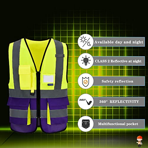 Image of Reflective Construction Vest, 7 Pockets, Zipper, Yellow /Purple, L | Yellow /Purple L work vest with reflective strips, mic tabs and 7 pockets for specialized technicians and laboratory work.