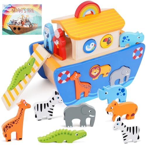 KMTJT Toddlers Wooden Noah's Ark Toy Animal Playset, Baptism Gifts for 1 2 3 Boys Girls, Shape...