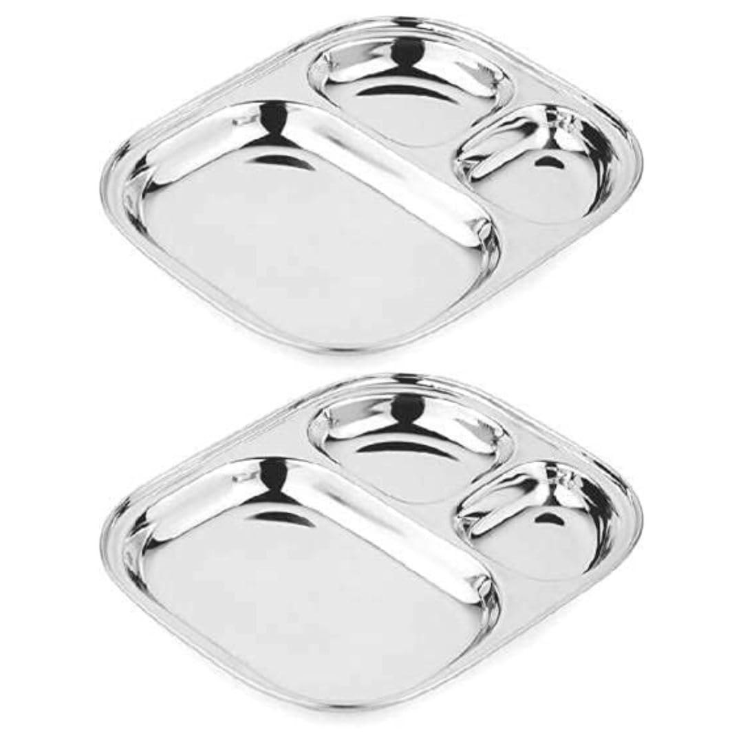 Stainless Steel Plates with Compartments/Tiffin,Pav Bhaji, Partition, Breakfast Steel Plates for Lunch/Dinner/Kids Set of 2 (Small for Kids)-image-15
