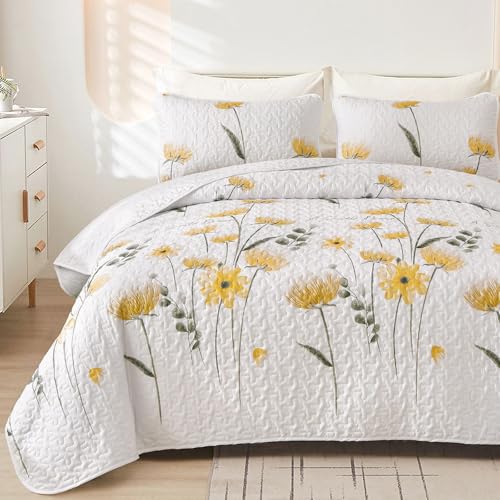 Dinjoy Quilt Set Queen Cute Floral Bedspread Coverlet Yellow Flower Quilts Microfiber Lightweight Summer Bedding Sets Reversible Soft Quilted Bed Cover for All Season(96x90)