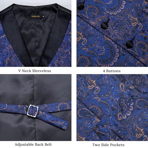 Image of DiBanGu Mens Paisley Suit Vest Silk Jacquard Waistcoat and Necktie Set Formal Shawl Collar Dress Vest 7PCS for Wedding Party