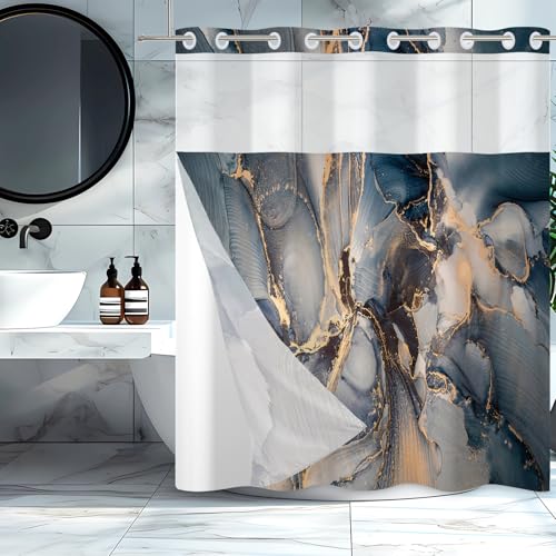 Baocicco No Hook Blue Gold Marble Shower Curtain with Snap in Liner Gold Texture Luxury Modern Shower Curtain with Snap-in Fabric Liner Set Double Layer Waterproof Bath Hotel Curtain Set 71x74 Inch by Baocicco - Used condition - Image 7