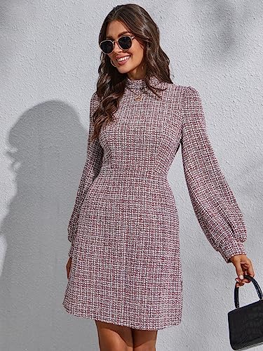 Wdirara Women's Plaid Tweed Mock Neck Lantern Long Sleeve Dress Casual A Line Dresses Multicolor L #TOP4