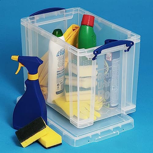 Image of Really Useful Box 19 Liter Plastic Stackable Storage Container w /Snap Lid & Built-in Clip Lock Handles for Home & Office Organization, Clear (3 Pack)