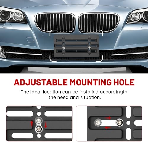 RED WOLF License Plate Bracket Holder with Stainless Steel Plate Frame Kit, Front Bumper Universal Fit Vehicles Truck Mount Holder Adapter Tag Lock Screws Caps Nuts Wrench
