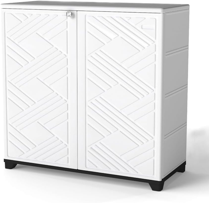 Diamond-Shaped Outdoor Cabinet, White, 34x15x34in - Space-Saving Resin Shed for Balcony Corner &amp; Entrance Organization