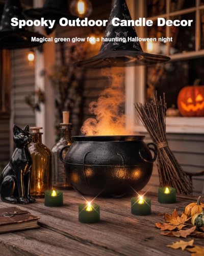 Image of Homemory 12-Pack Green Tea Lights Battery Operated, Halloween Candle Tea Lights, Flameless Flickering Green Candles, Ideal for Halloween, Christmas, Holiday Decor, Theme Party, Dia 1-2 /5 inch x H 1-1 /4''