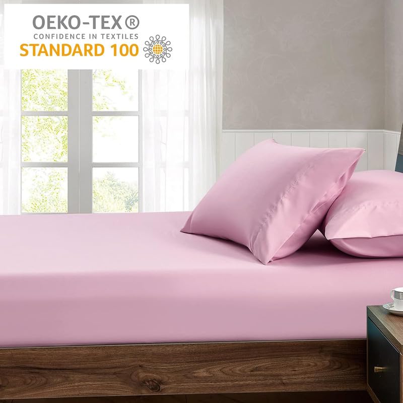 Image of Amazon Brand - Umi Cotton Feel Glace Cotton Fade Resistant Elastic Fitted Single Bed Bedsheet with 1 Pillow Cover Fits Upto 8 inches Mattress, Size- 36x78x10 Inches, Pink