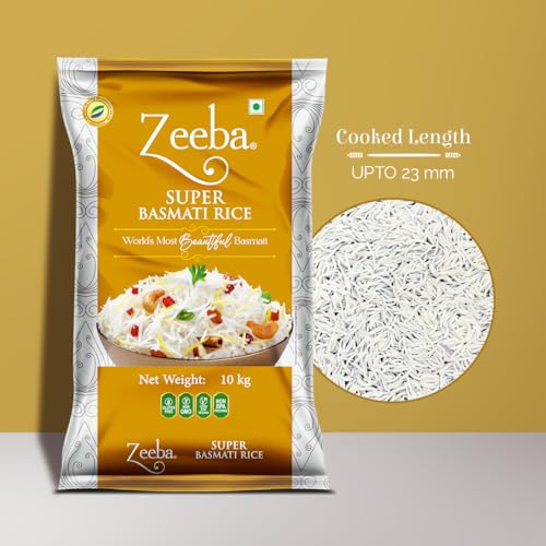 Image of Zeeba Super Basmati Rice 10 Kg, Fluffy & Naturally Aromatic, Gluten Free Fine Grains (Cooked length upto 23mm*)