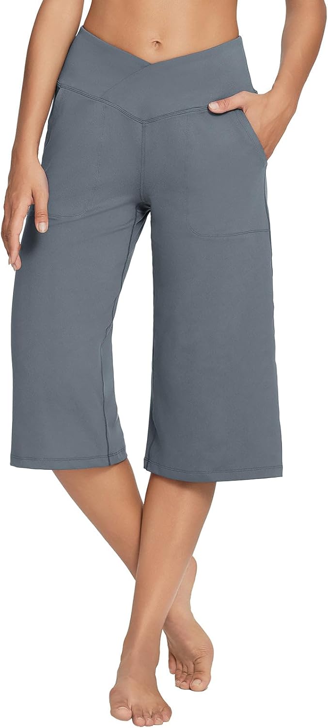 baleaf Women's Wide Leg Yoga Capris Pants with Pockets Crossover Waist Loose Plus Size Cropped Pants Casual Summer