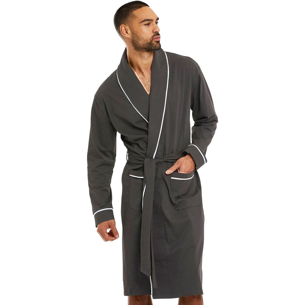 HOLOVE Men's Pure Cotton Bathrobe Lightweight Kimono and Hooded Spa Robes Soft Sleepwear