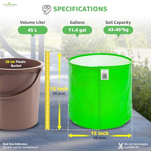 Image of Anandi Green's Premium HDPE Uv Protected 260 GSM Round Shaped Green Colour Grow Bags Suitable for Terrace and Vegetable Gardening 15x15 Inch Pack of 3 Plant Bags