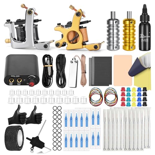 BAMTTOO Complete Tattoo Coil Machine Kit 2 Sets Tattoo Gun Liner Shader Coils Machine Tattoo Power Supply Needles Tips for Beginners Artists
