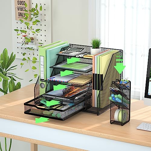 VIVSOL 5-Tier Office Supplies Desk Organizer, Desk Organizers and Accessories with 2-File Organizer with Sliding Drawer, 4 Trays and Large Capacity Pen Holder, Mesh Desk Accessories, Black (5-Tier) - Thumbnail 3