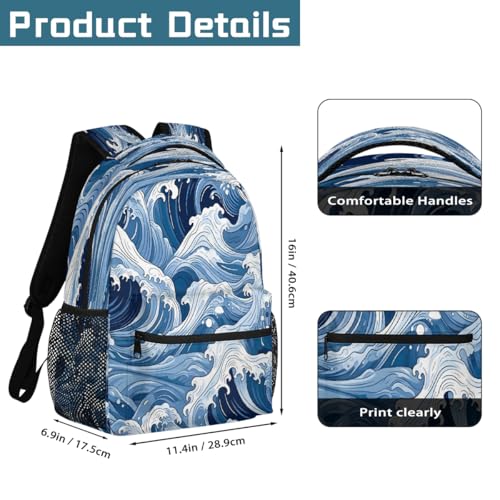 Japanese Ocean Wave Kids Backpack, Lightweight School Bookbag Large Capacity Laptop Backpack Water Resistant Daypack Shoulder Bag for Teenager Boys Girls2
