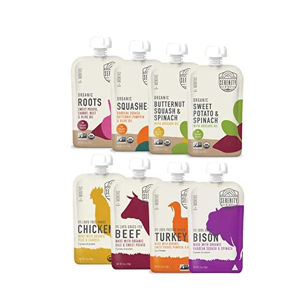 Serenity Kids 6+ Months Baby Food Pouches Puree Made With Ethically Sourced Meats & Organic Veggies | No Sugary Fruits or Added Sugar | Allergen Free | 3.5 Ounce BPA-Free Pouch | Variety Pack | 8 Count