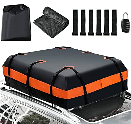 COSTWAY 15/21 Cubic Feet Car Roof Bag, 100% Waterproof Roofing Cargo Carrier with Anti-Slip Mat, Combination Lock & Straps, Rooftop Luggage Storage Box (Black+Orange, 15 Cubic Ft/424L)
