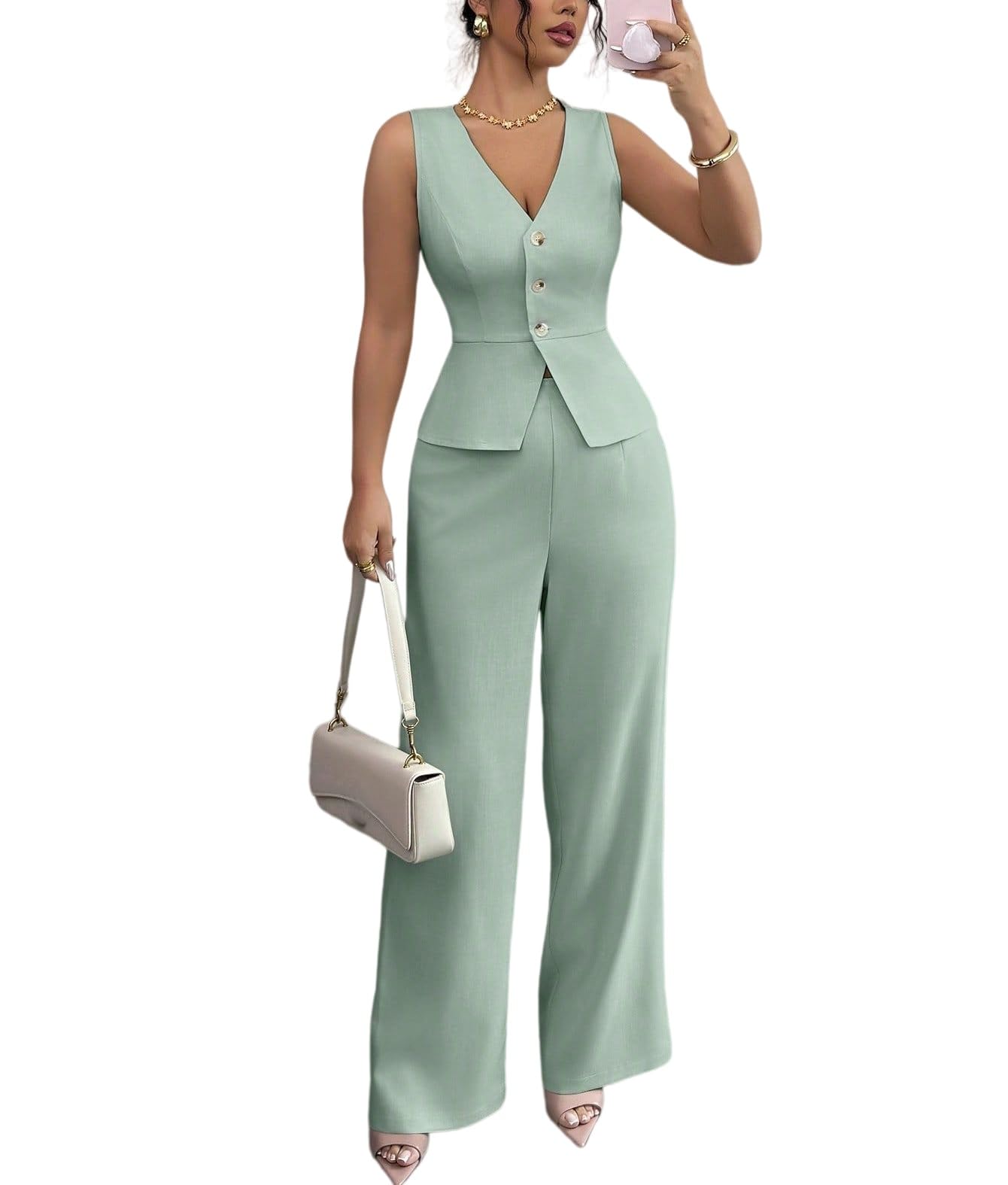 Ensemble Ete Femme Ensemble Deux Pièces Pour Femme : Blazer À Col V Boutonné Sans Manches Et Pantalon Large Élégant Et Décontracté Idéal Pour Le Bureau Ou Les Occasions Professionnelles