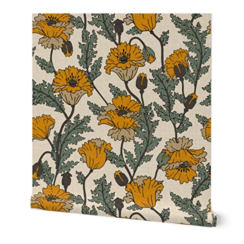 Spoonflower Peel & Stick Wallpaper 9ft x 2ft - Poppy Bright Flower Vintage Floral Nature Retro Leaf Garden Custom Removable Wallpaper