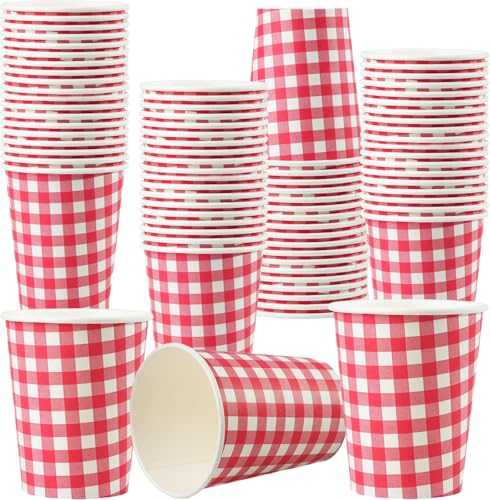 Cherypick Gobelets en carton jetables 240 ml – lot de 50, motif vichy bleu, pour boissons chaudes et froides, maison et bureau (Rouge)