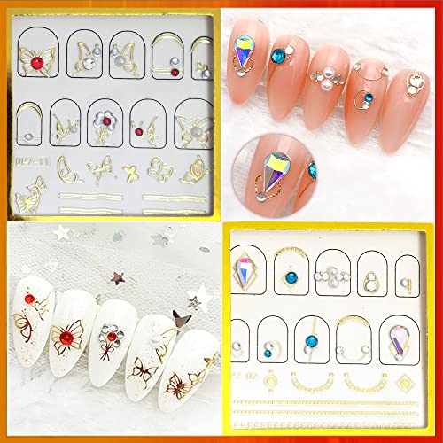 Nail Stickers Art Luxury Diamond Set 8 Sheets 3D Self-Adhesive Heart Decals Rhinestones Design Gold Line Glitter Gems Pink Blue Red Colorful And 1 Pcs Tweezer (Gloup E) #TOP1