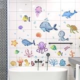 WandSticker4U®- [59 Stück] Fensterbilder Kinder UNTERWASSERWELT selbstklebend I Fenstersticker Maritim Fische Meerestiere I Kinder Fensteraufkleber Badezimmer Deko Duschkabine wiederverwendbar