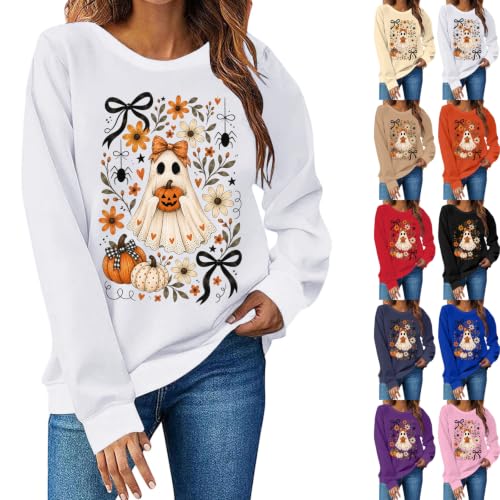 Women's Halloween Sweatshirts Cute Soft Graphic Crewneck Sweaters White L - image 1
