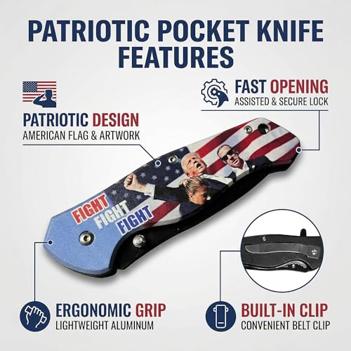 Image of PS Trump Patriotic Pocket Knife Gifts for Men, Everyday Carry Work Knife with Belt Clip, American Flag Handle, Stainless Steel, 7.5 Inch
