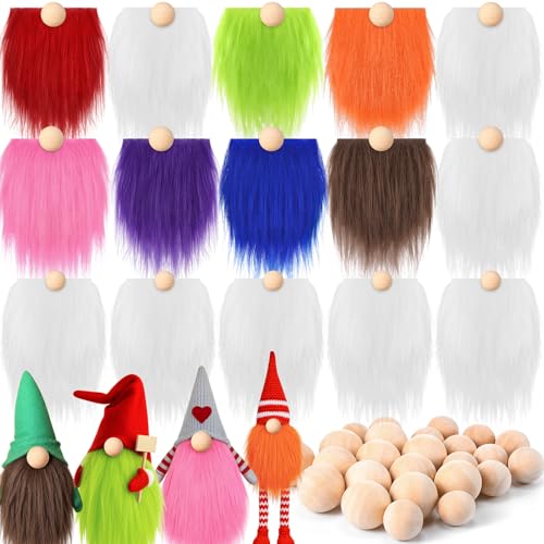 Tudomro 15 Pcs Gnome Beards for Crafts 4th of July Faux Fur Fabric Precut Beaded Gnomes Kit with DIY Handmade 30 Pcs Wooden Balls for Crafts Patriotic(Multicolor)