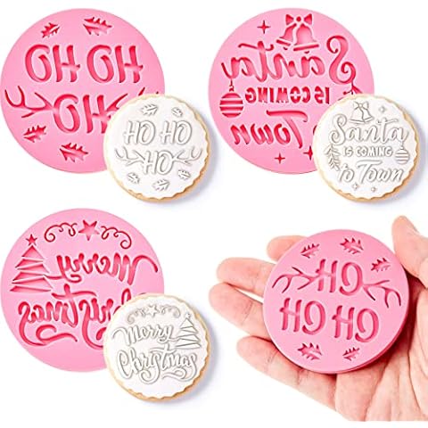 3 Pcs Merry Christmas Cookie Stamp Pink Fondant Embosser Acrylic Icing Fondant Stamp Santa Shortbread Mould Christmas Cake Decorations Baking Tools Accessories Cover