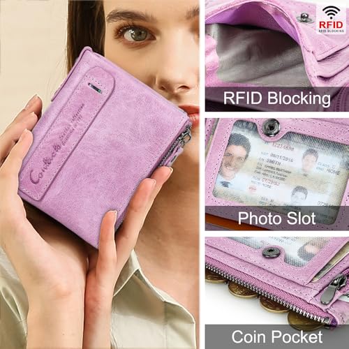 Image of CONTACTS Soft Leather Wallet for Women Small Bifold Coin Purse Double Zipper Card Holder with RFID Blocking (Pinkish Purple)