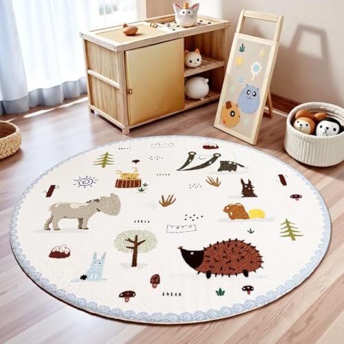 Tospass Kinderzimmer Teppich Weicher Kunstwolle Tierdruck Rund Waschbarer Kinderteppich Spielteppich Wohnzimmer Junge Mädchen Kurzflor rutschfest Teppich, 80 cm Rund