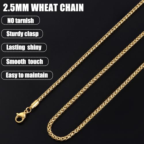 Fiusem Gold Plated Wheat Chain Necklace for Men, 2/2.5/3/4/5mm Gold Stainless Steel Necklace Chains for Men and Women 16-28 Inch, Jewelry Gift4