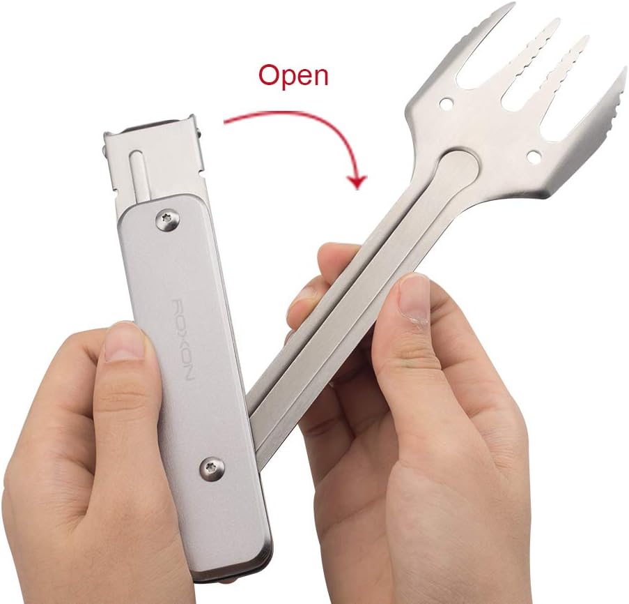 4 in 1 Mini BBQ Barbecue Combo Tool Set with Spatula, Fork, Tongs and Bottle Opener for Hiking Camping (Grey)