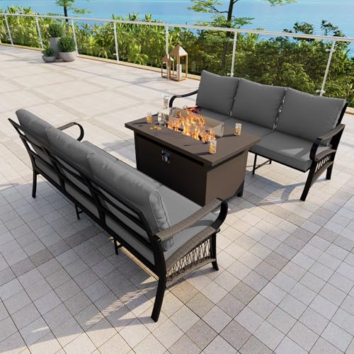 Image of Outdoor Furniture Set, Patio Conversation Set Include 2 x 3-Seater and Fire Pit Table for Deck, Porch, Garden, Backyard, Poolside (Gray, 3-Piece)