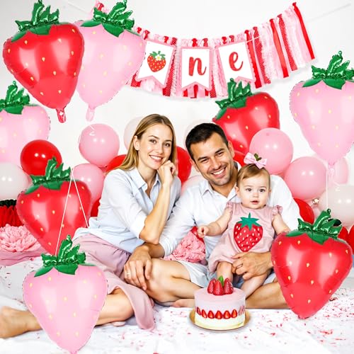 Image of Kriyokiaa 8 PCS Strawberry Balloons, 28 inch Berry First Foil Balloon Shortcake Birthday Decor Perfect for Strawberry Birthday Party, Baby Shower Decorations