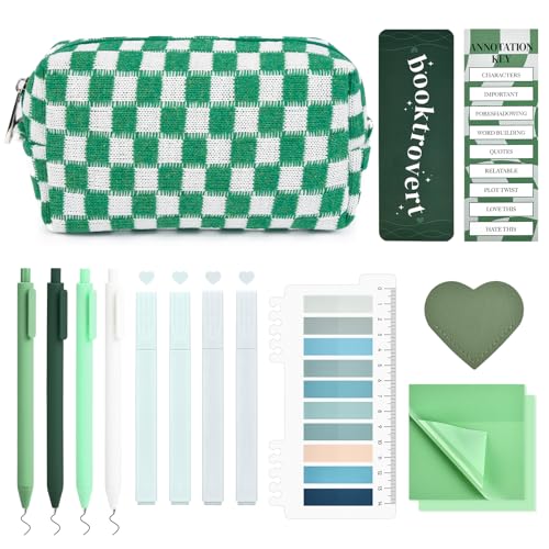 Kit de anotação de livro estético, 14 peças, estojo grande quadriculado para amantes de livros, marcadores duplos, canetas de gel, material de estudo, conjunto de papelaria para estudante, verde